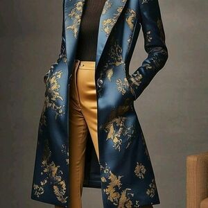 Luxurious Navy and Gold Floral Trench Coat